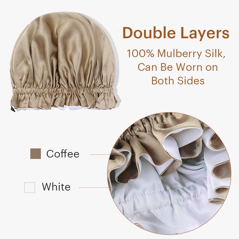 LilySilk Pure Silk Lined Cap for Women Sleep, Double Layered, Adjustable Ribbons, Luxury Natural Silk Bonnet Cap for Sleeping Coffee+White - Image 2